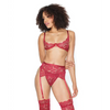 Scallop Stretch Lace Bra, Garter Belt & Thong Ruby MD