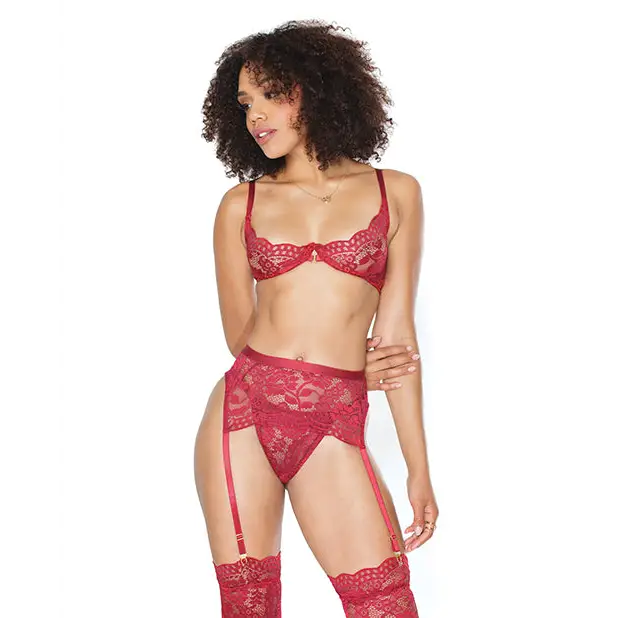 Scallop Stretch Lace Bra, Garter Belt & Thong Ruby MD