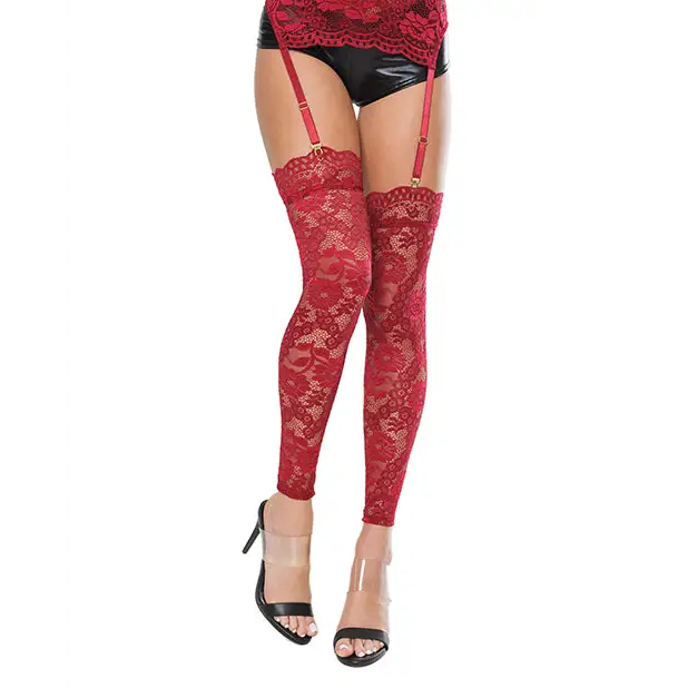 Scallop Stretch Lace Footless Stockings Ruby O/S