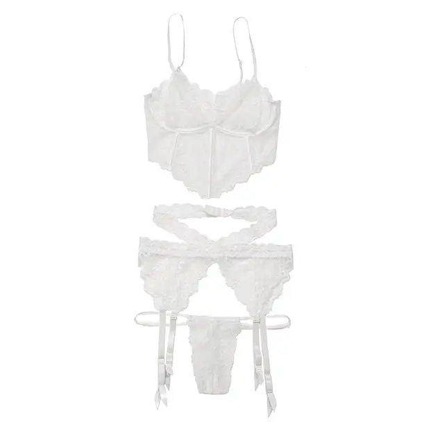 Scallop Stretch Lace Long Line Soft Cup Bra, Garterbelt & G-String White O/S