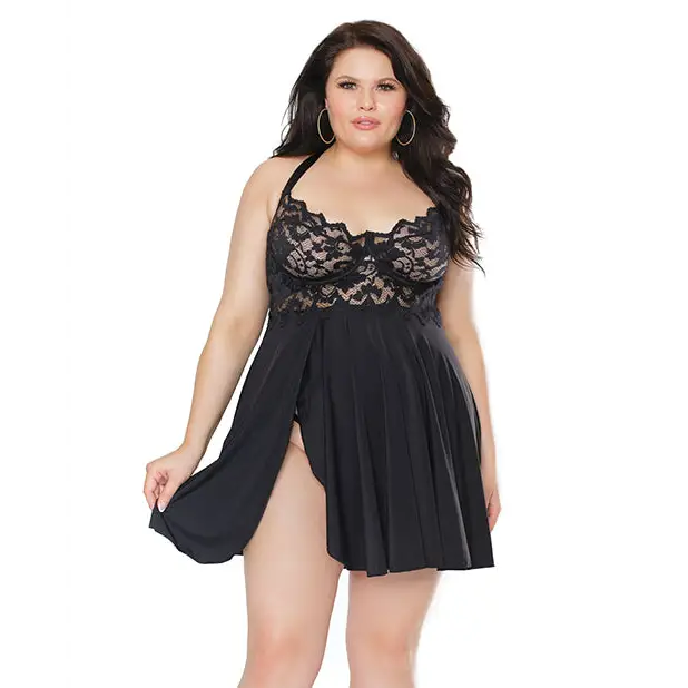 Scallop Stretch Lace & Microfiber Inner Bra Babydoll Black 1X/2X