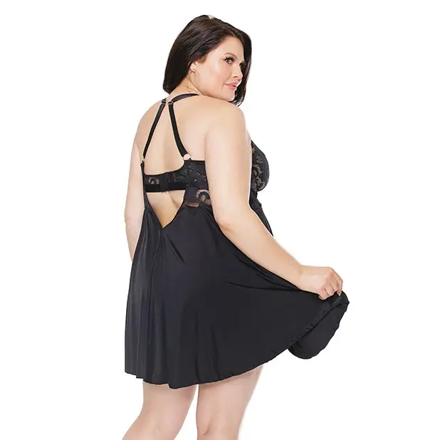 Scallop Stretch Lace & Microfiber Inner Bra Babydoll Black 1X/2X