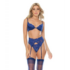 Scallop Stretch Lace, Satin, & Mesh Bra, Garterbelt & Thong Navy MD