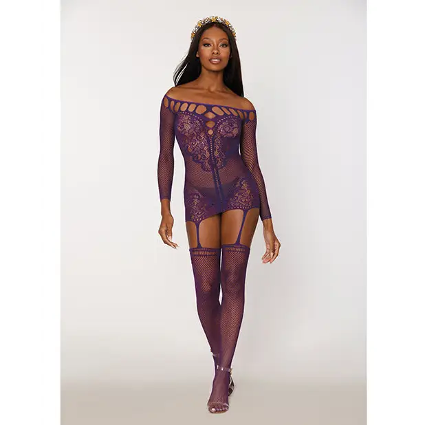 Scalloped Lace and Fishnet Garter Dress w/Attached Stockings - Purple O/S - Lingerie - Packaged