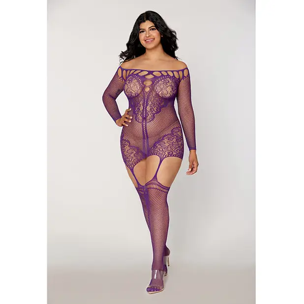 Scalloped Lace and Fishnet Garter Dress w/Attached Stockings - Purple QN - Lingerie - Plus/Queen - Packaged