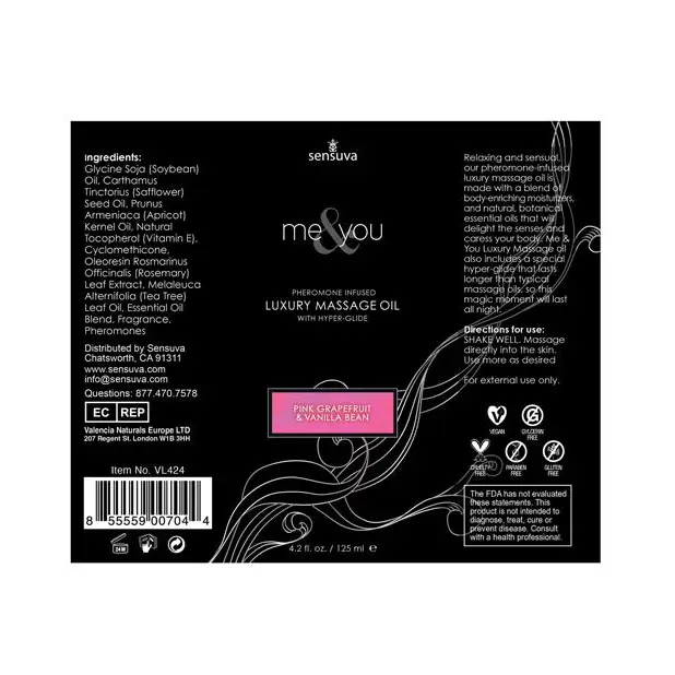 Sensuva Me & You Massage Oil, 4.2 oz Grapefruit Vanilla
