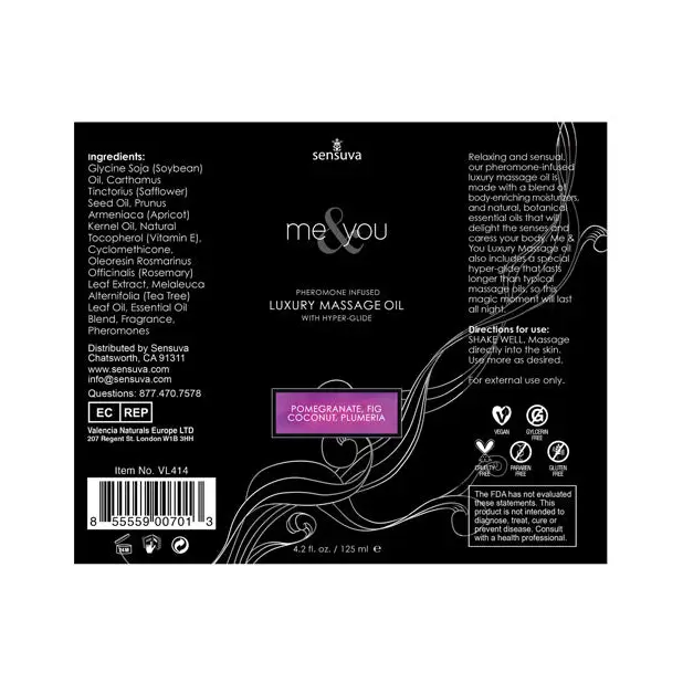 Sensuva Me & You Massage Oil, 4.2 oz Pomegranate Fig/Coconut Plumeria