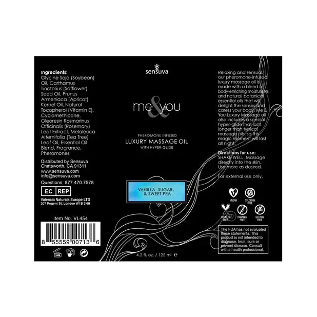 Sensuva Me & You Massage Oil, 4.2 oz Vanilla Sugar Sweet Pea