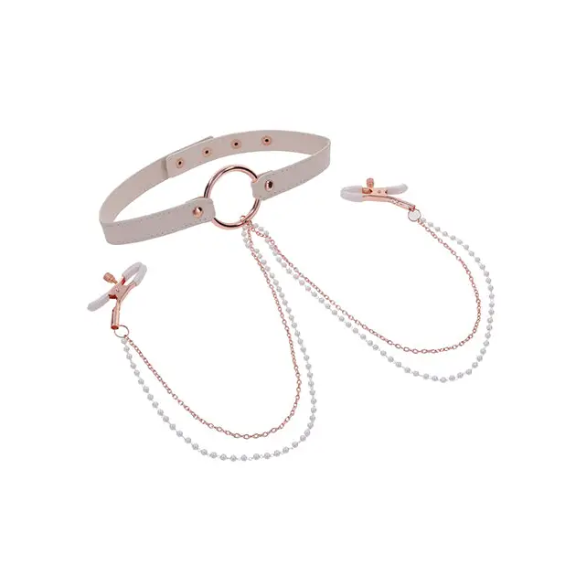 Sex & Mischief Peaches ’n CreaMe Collar w/Nipple Clamps - Bondage Blindfolds & Restraints