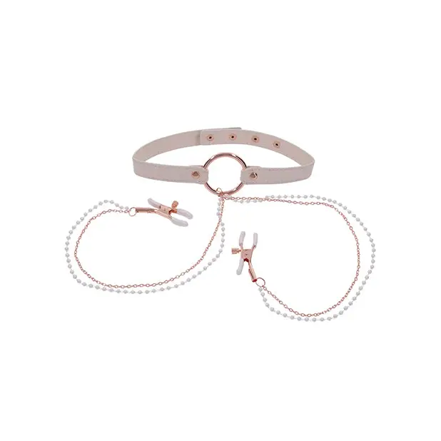 Sex & Mischief Peaches ’n CreaMe Collar w/Nipple Clamps - Bondage Blindfolds & Restraints