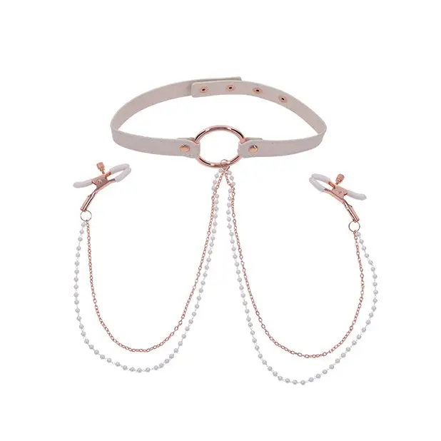 Sex & Mischief Peaches ’n CreaMe Collar w/Nipple Clamps - Bondage Blindfolds & Restraints