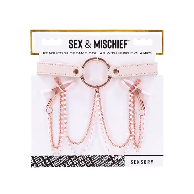Sex & Mischief Peaches ’n CreaMe Collar w/Nipple Clamps - Bondage Blindfolds & Restraints