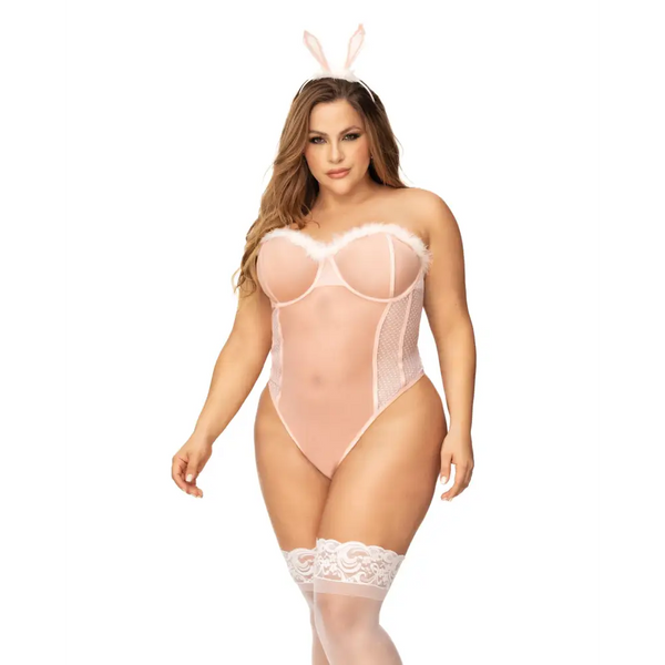 Sexy Bunny Underwire Bodysuit w/Lace Up Back & Head Piece Pink 1X/2X - Costumes