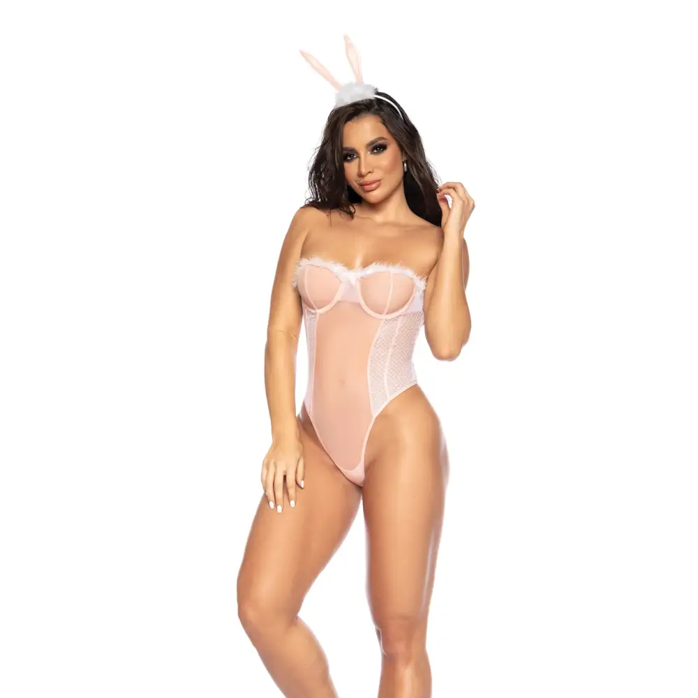 Sexy Bunny Underwire Bodysuit w/Lace Up Back & Head Piece Pink S/M