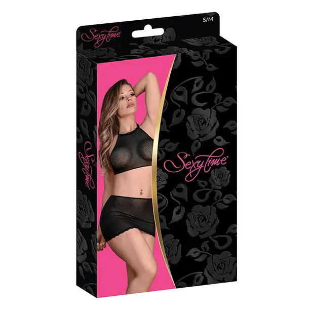Sexy Time Courtney Polka Dot Mesh Halter & Skirt Black S/M