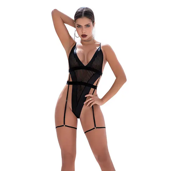 Shadow Panel Bodysuit w/Hook & Eye Crotch Closure & Attached Garters Black S/M - Lingerie - Packaged