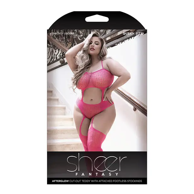 Sheer Afterglow Cut Out Teddy w/Attached Footless Stockings Berry Pink QN