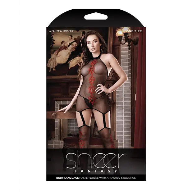 Sheer Body Language Halter Dress w/Attached Stockings & Red Floral Design Black O/S