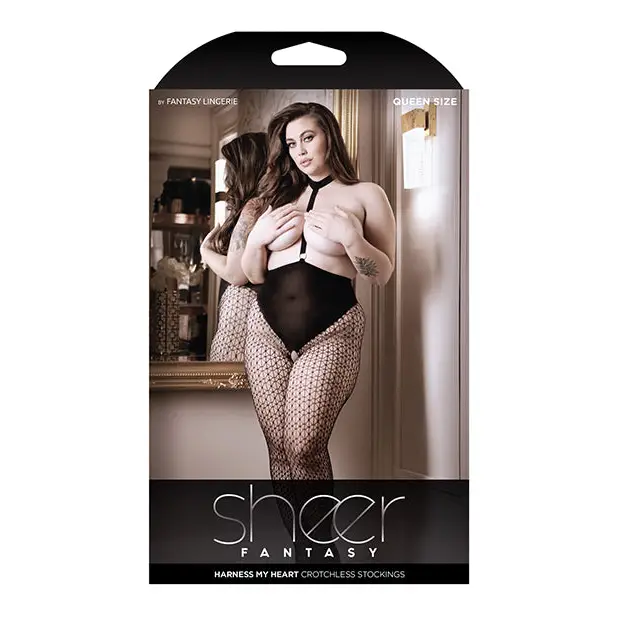 Sheer Fantasy Choker Harness Stockings w/Open Crotchless Black QN
