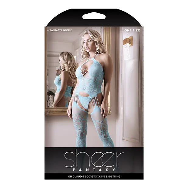 Sheer Fantasy Halter Neck Floral Lace Gartered Bodystocking & Panty Light Blue O/S