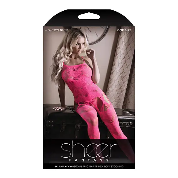 Sheer Fantasy To the Moon Multi Garter Bodystocking Neon Pink O/S