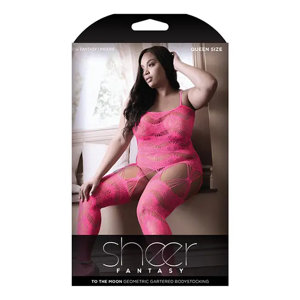 Sheer Fantasy To the Moon Multi Garter Bodystocking Neon Pink QN