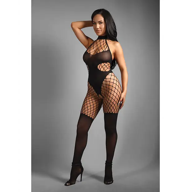 Sheer Lose Control Opaque and Fishnet High Neck Crotchless Bodystocking - Black O/S - Lingerie - Packaged