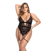 Sheer Mesh & Animal Pattern Lace Teddy w/Garter Belt & Adjustable Crotch Closure Black 2X/3X - Lingerie - Plus/Queen