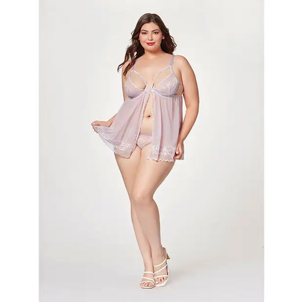 Sheer Mesh & Lace Demi Cup Babydoll & Thong Lavender 1X/2X