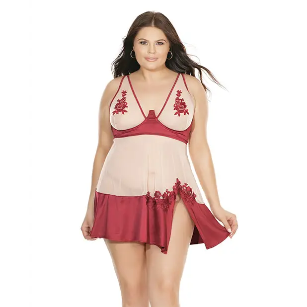Sheer Nylon & Stretch Satin Babydoll w/Underwire Cups & G-String Merlot/Nude 1X/2X