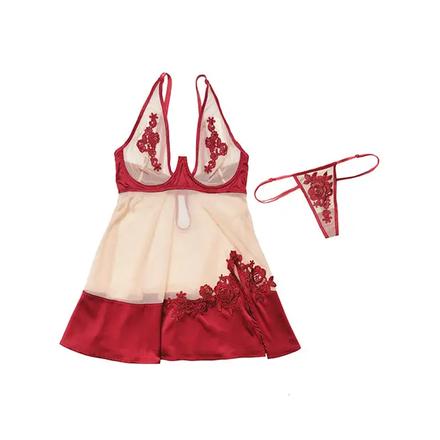 Sheer Nylon & Stretch Satin Babydoll w/Underwire Cups & G-String Merlot/Nude MD