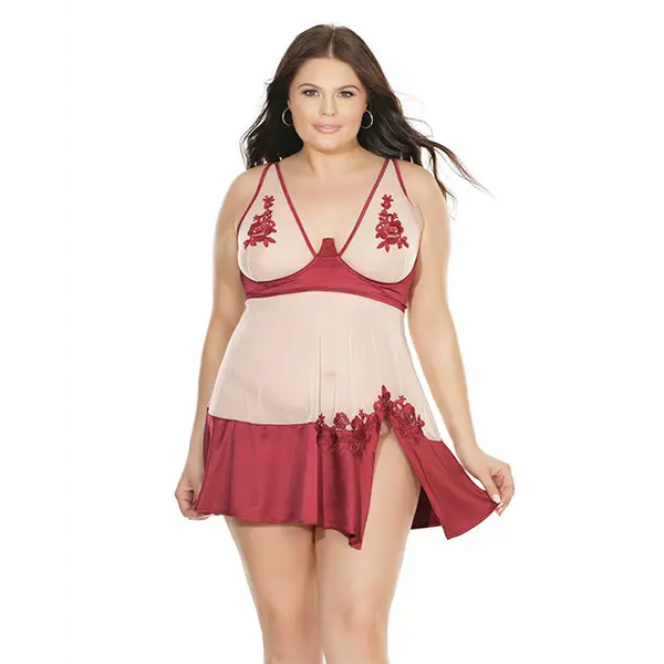 Sheer Nylon & Stretch Satin Babydoll w/Underwire Cups & G-String Merlot/Nude 3X/4X