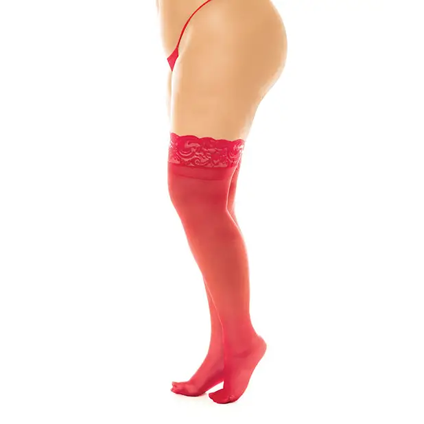 Sheer Thigh High w/Stay Up Silicone Lace Top Red QN - Lingerie - Plus/Queen - Packaged