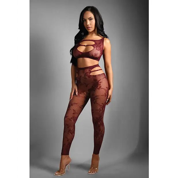 Sheer Undivided Attention Cut-out Lace Top w/ Crotchless Tights - Burgundy O/S - Lingerie - Packaged