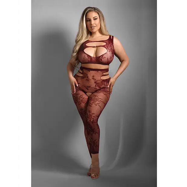 Sheer Undivided Attention Cut-out Lace Top w/ Crotchless Tights - Burgundy QN - Lingerie - Plus/Queen - Packaged