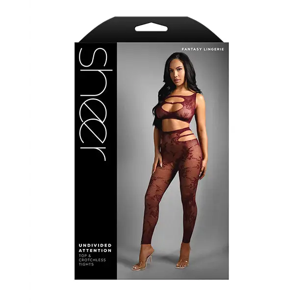 Sheer Undivided Attention Cut-out Lace Top w/ Crotchless Tights - Burgundy O/S - Lingerie - Packaged