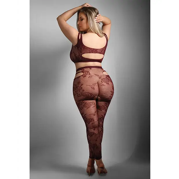 Sheer Undivided Attention Cut-out Lace Top w/ Crotchless Tights - Burgundy QN - Lingerie - Plus/Queen - Packaged
