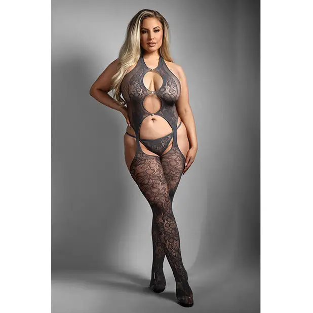Sheer Worth The Wait Floral Fishnet Bodystocking w/G-String - Grey QN - Lingerie - Plus/Queen - Packaged
