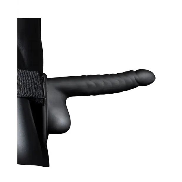 Shots Ouch 8" Ribbed Hollow Strap On w/Balls, Black