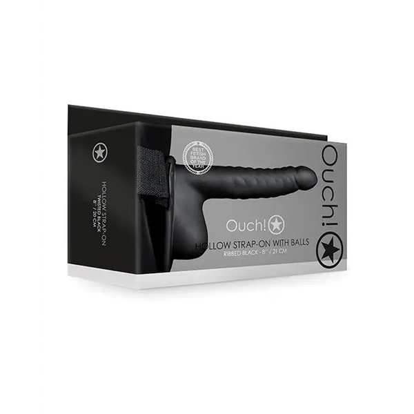 Shots Ouch 8" Ribbed Hollow Strap On w/Balls, Black