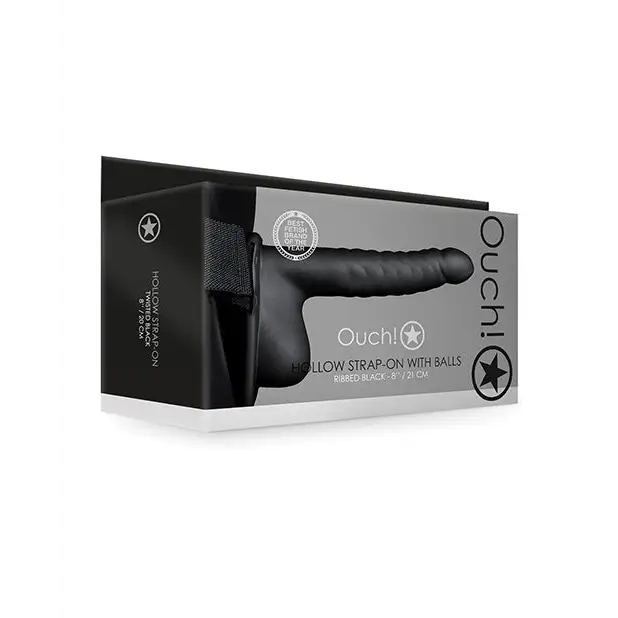 Shots Ouch 8" Ribbed Hollow Strap On w/Balls, Black