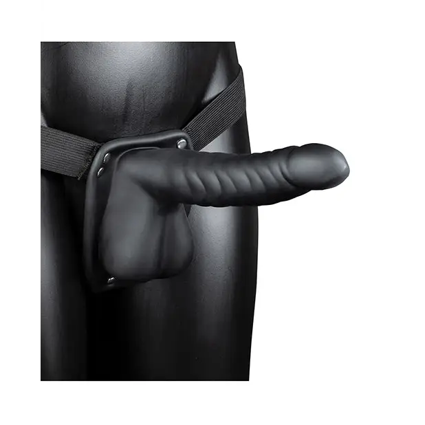 Shots Ouch 8" Ribbed Hollow Strap On w/Balls, Black