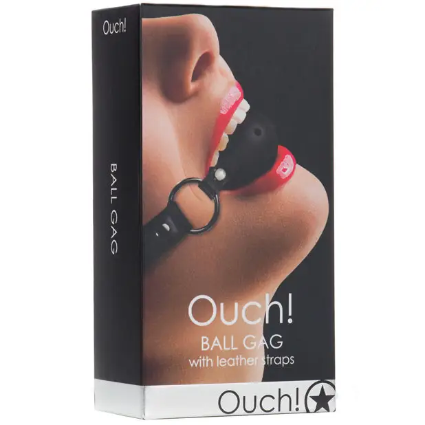 Shots Ouch Ball Gag w/Leather Straps, Black