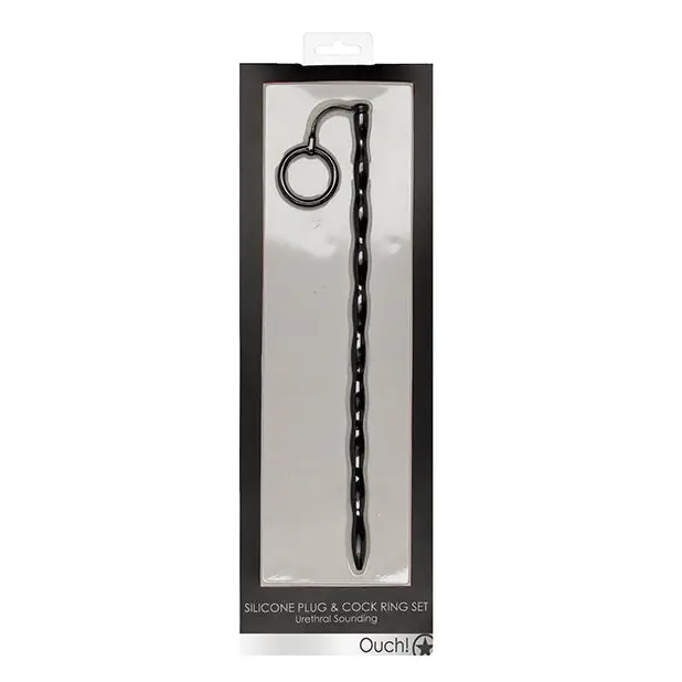 Shots Ouch Urethral Sounding Silicone Plug & Cock Ring Set, Black