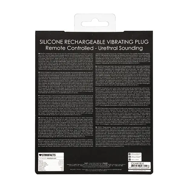 Shots Ouch Urethral Sounding Silicone Rechargeable & Remote Controlled Vibrating Plug, Black