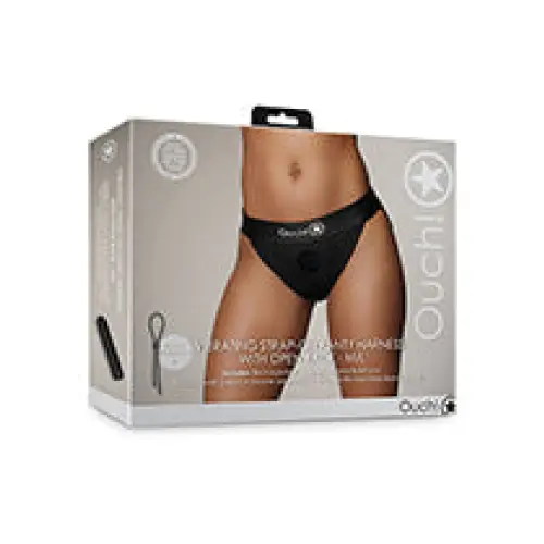 Shots Ouch Vibrating Strap On Panty Harness w/Open Back, Black M/L