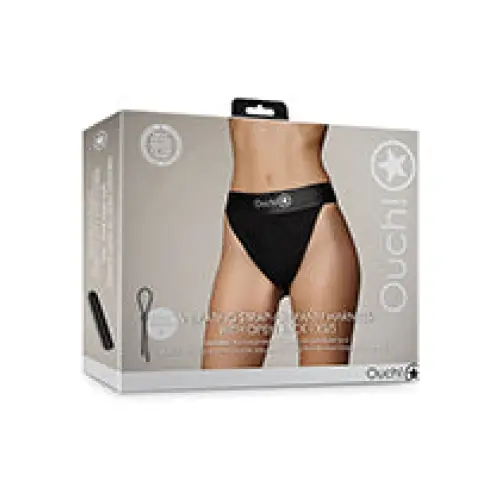 Shots Ouch Vibrating Strap On Panty Harness w/Open Back, Black XS/S