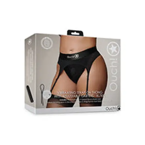 Shots Ouch Vibrating Strap On Thong w/Adjustable Garters, Black XL/XXL