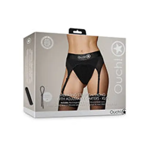 Shots Ouch Vibrating Strap On Thong w/Adjustable Garters, Black XS/S