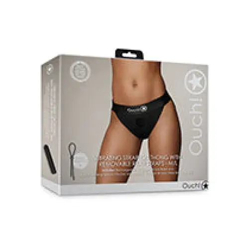 Shots Ouch Vibrating Strap On Thong w/Removable Rear Straps, Black M/L